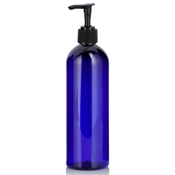 Cobalt Blue Plastic PET Slim Cosmo Bottle with Black Lotion Pump (12 Pack) - JUVITUS