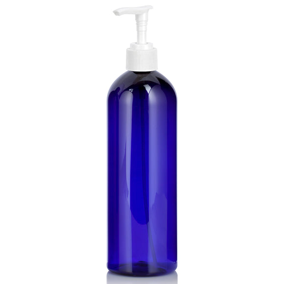 Cobalt Blue Plastic PET Slim Cosmo Bottle with White Lotion Pump (12 Pack)