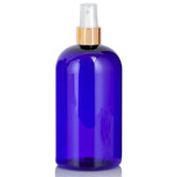 Cobalt Blue Plastic PET Boston Round Bottle with Gold Fine Mist Sprayer (12 Pack)