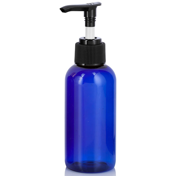 Cobalt Blue Plastic PET Boston Round Bottle with Two Toned Black Lotion Pump - 4 oz (12 Pack)