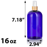 Cobalt Blue Plastic PET Boston Round Bottle with Gold Fine Mist Sprayer (12 Pack)