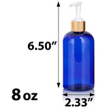 Cobalt Blue Plastic PET Boston Round Bottle with Gold Lotion Pump (12 Pack)