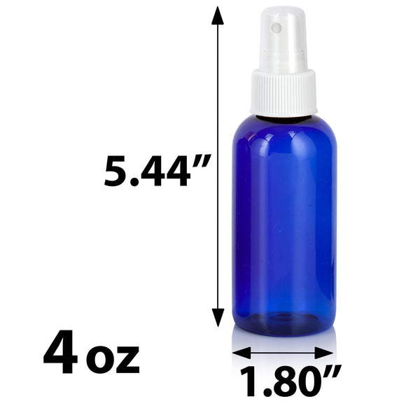 Cobalt Blue Plastic PET Boston Round Bottle with White Fine Mist Sprayer (12 Pack) - JUVITUS