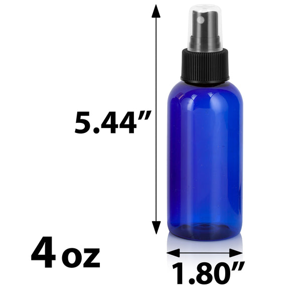 Cobalt Blue Plastic PET Boston Round Bottle with Black Fine Mist Sprayer (12 Pack) - JUVITUS