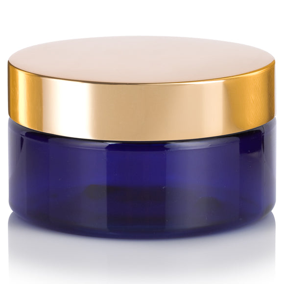 8 oz Cobalt Blue Plastic Low Profile Jar with Gold Metal Overshell Lid (12 Pack)