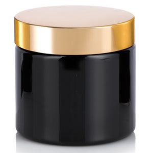 16 oz Black PET Plastic (BPA Free) Straight Sided Jar with Gold Metal Overshell Lid (12 Pack)