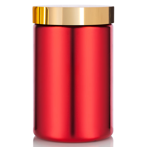 Red Metallic HDPE Plastic (BPA Free) Jar with Gold Metal Overshell Lid 25 oz (6 Pack)