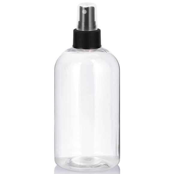 Clear Plastic PET Boston Round Bottle with Black Fine Mist Sprayer (12 Pack)