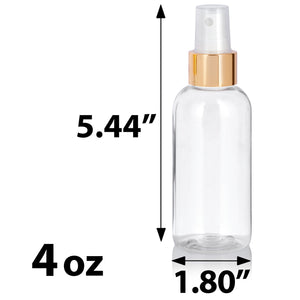 Clear Plastic PET Boston Round Bottle with Gold Fine Mist Sprayer (12 Pack)