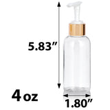 Clear Plastic PET Boston Round Bottle with Gold Lotion Pump (12 Pack)