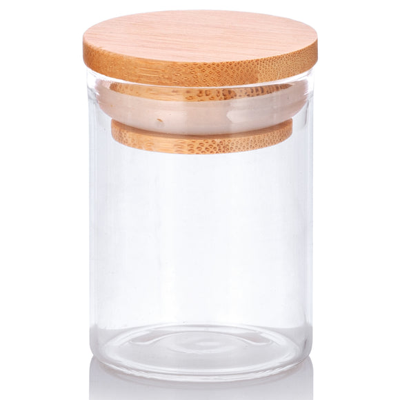 2 oz Clear Glass Borosilicate Jar with Bamboo Silicone Sealed Lid (12 Pack)