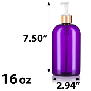 Purple Plastic PET Boston Round Bottle with Gold Lotion Pump - 16 oz (12 Pack)