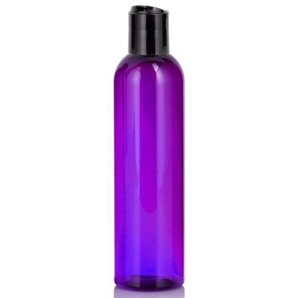 Purple Plastic PET Slim Cosmo Bottle with Black Disc Cap - 8 oz (12 Pack) - JUVITUS