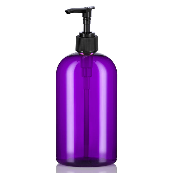 Purple Plastic PET Boston Round Bottle with Black Lotion Pump (12 Pack) - JUVITUS