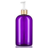 Purple Plastic PET Boston Round Bottle with Gold Lotion Pump - 16 oz (12 Pack)