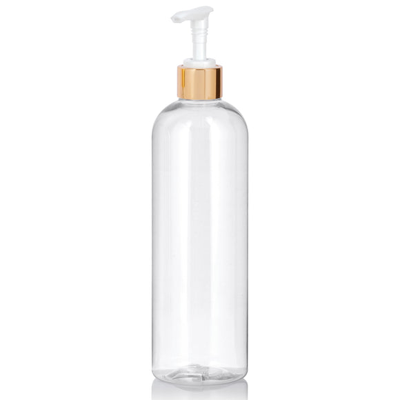Clear Plastic PET Slim Cosmo Bottle with Gold Lotion Pump (12 Pack)