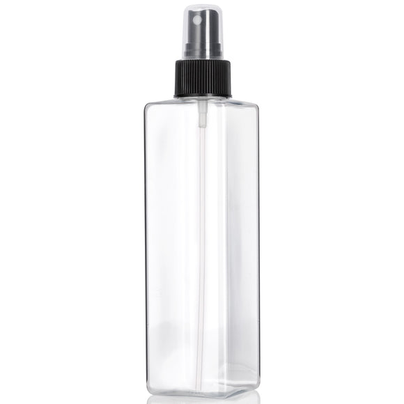 Clear Plastic PET Square Bottle with Black Fine Mist Sprayer - 8 oz (12 Pack)