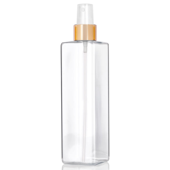 Clear Plastic PET Square Bottle with Gold Fine Mist Sprayer - 8 oz (12 Pack)