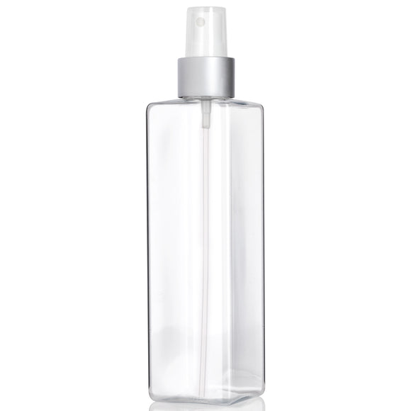 Clear Plastic PET Square Bottle with Silver Fine Mist Sprayer - 8 oz (12 Pack)