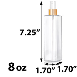 Clear Plastic PET Square Bottle with Gold Fine Mist Sprayer - 8 oz (12 Pack)
