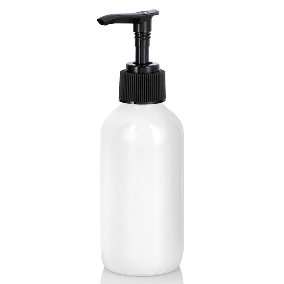 High Shine Gloss White Glass Boston Round Bottle with Black Lotion Pump - 4 oz (12 Pack)