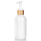 High Shine Gloss White Glass Boston Round Bottle with Gold Lotion Pump - 4 oz (12 Pack)