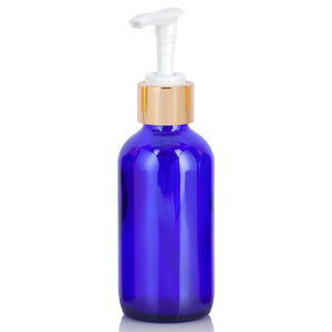 4 oz Cobalt Blue Glass Boston Round Bottle with Gold Lotion Pump (12 Pack)