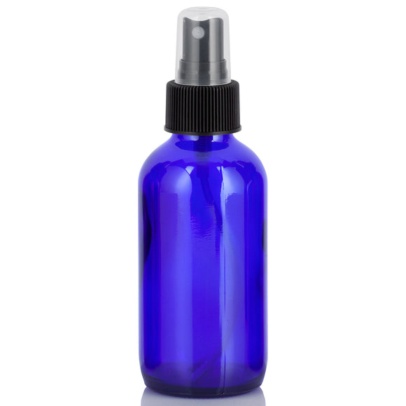 Cobalt Blue Glass Boston Round Bottle with Black Fine Mist Sprayer (12 Pack) - JUVITUS