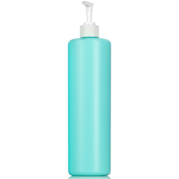 Turquoise Mint Plastic HDPE Cylinder Squeeze Bottle with White Lotion Pump - 32 oz (4 Pack)