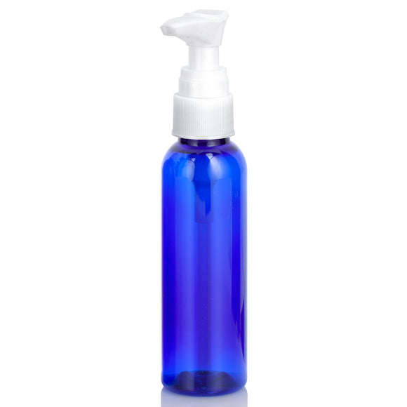 Cobalt Blue Plastic PET Slim Bottle with White Lotion Pump - 2 oz (12 Pack)