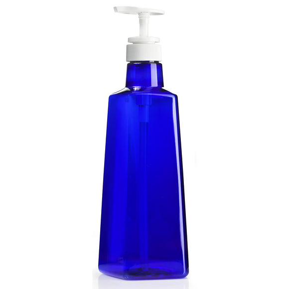 Cobalt Blue Plastic Triangle Bottle with White Lotion Pump - 27 oz (6 Pack)