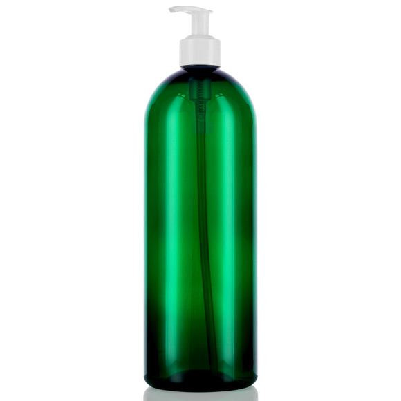 Green Plastic PET Large Slim Cosmo Bottle with White Lotion Pump - 32 oz (6 Pack)