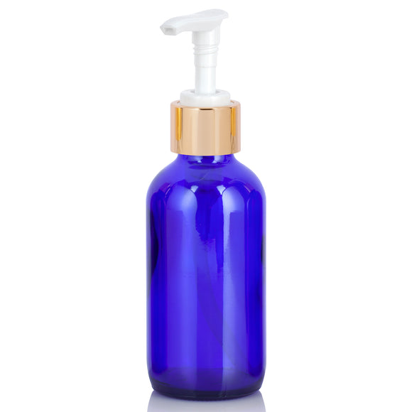Cobalt Blue Glass Boston Round Bottle with Gold Lotion Pump - 4 oz (12 Pack)