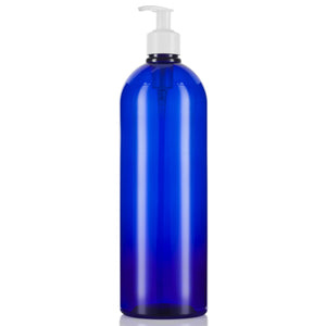 32 oz Cobalt Blue Plastic PET Large Bottle with White Lotion Pump (4 Pack)