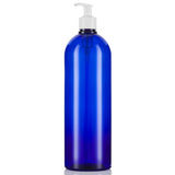 Cobalt Blue Plastic PET Large Slim Cosmo Bottle with White Lotion Pump - 32 oz (4 Pack)