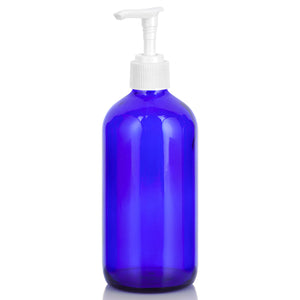 8 oz Cobalt Blue Glass Boston Round Bottle with White Lotion Pump (12 Pack)