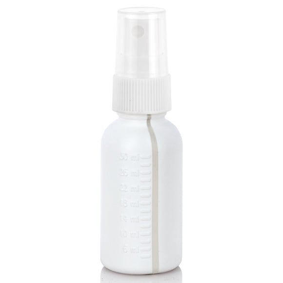 1 oz White Plastic HDPE Boston Round Graduated Bottle with White Fine Mist Sprayer (12 Pack)