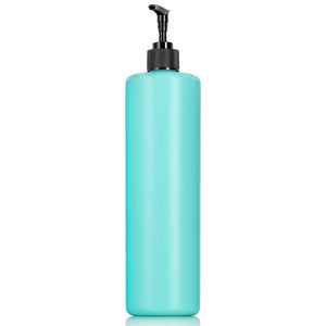 32 oz Turquoise Mint Plastic HDPE Cylinder Squeeze Bottle with Black Lotion Pump (4 Pack)