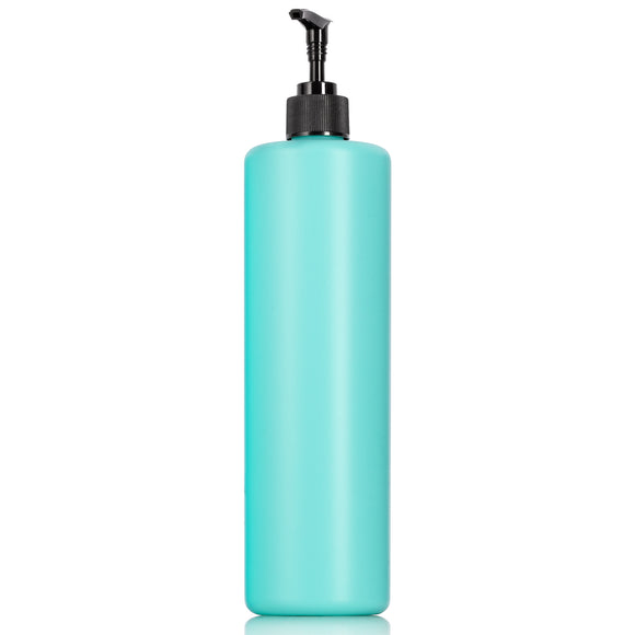 Turquoise Mint Plastic HDPE Cylinder Squeeze Bottle with Black Lotion Pump - 32 oz (4 Pack)