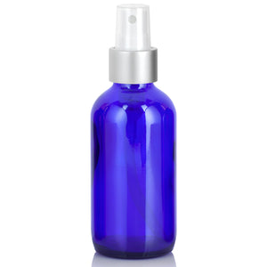 4 oz Cobalt Blue Glass Boston Round Bottle with Silver Fine Mist Spray (12 Pack)