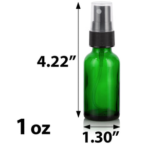 Green Glass Boston Round Bottle with Black Fine Mist Sprayer (12 Pack)