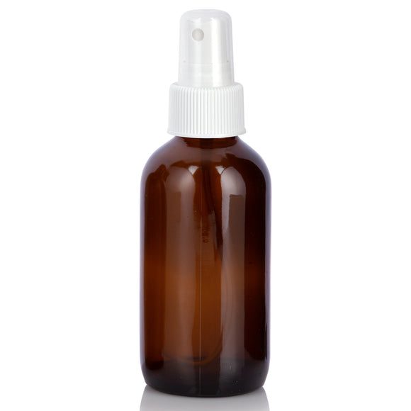 4 oz Amber Glass Boston Round Bottle with White Fine Mist Sprayer (12 Pack)