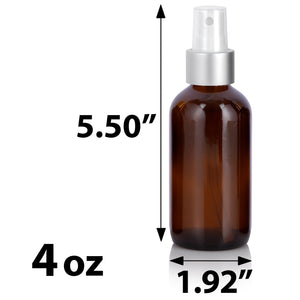 4 oz Amber Glass Boston Round Bottle with Silver Fine Mist Sprayer (12 Pack)