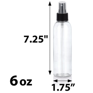 Clear Plastic PET Slim Cosmo Round Bottle with Black Fine Mist Sprayer - 6 oz (12 Pack)