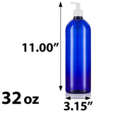 Cobalt Blue Plastic PET Large Slim Cosmo Bottle with White Lotion Pump - 32 oz (4 Pack)