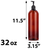 Amber Plastic PET Large Slim Cosmo Bottle with Black Lotion Pump - 32 oz (6 Pack)