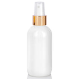 High Shine Gloss White Glass Boston Round Bottle with Gold Fine Mist Sprayer - 4 oz (12 Pack)
