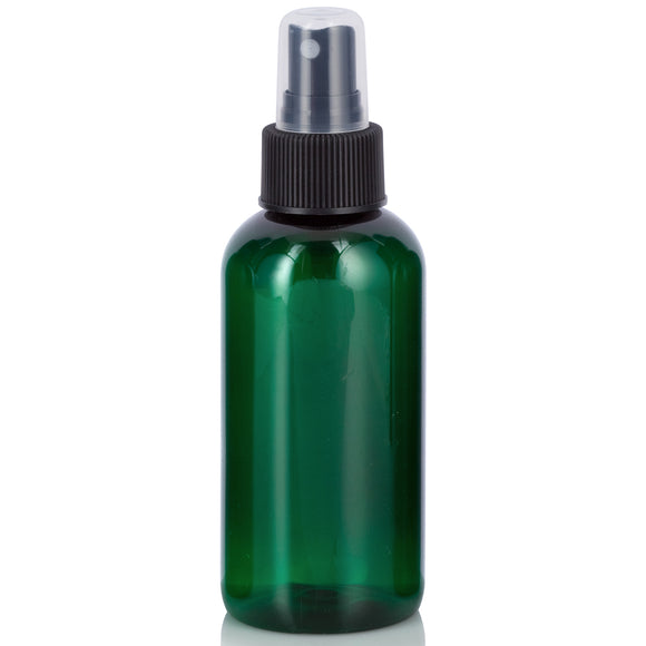 4 oz Green Plastic Boston Round Bottle with Black Fine Mist Sprayer (12 Pack)