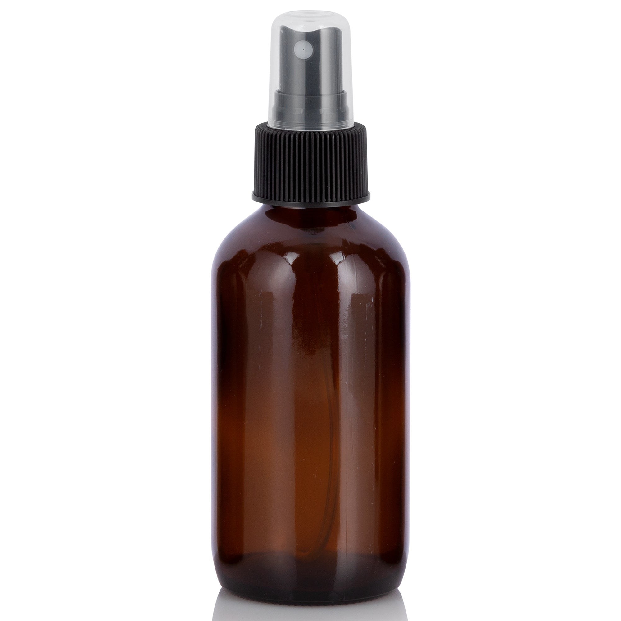 8 oz Amber Glass Round Bottles w/ Black Fine Mist Sprayers