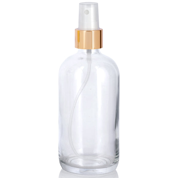 8 oz Clear Boston Round Thick Plated Glass Bottle with Gold Fine Mist Sprayer (6 Pack)
